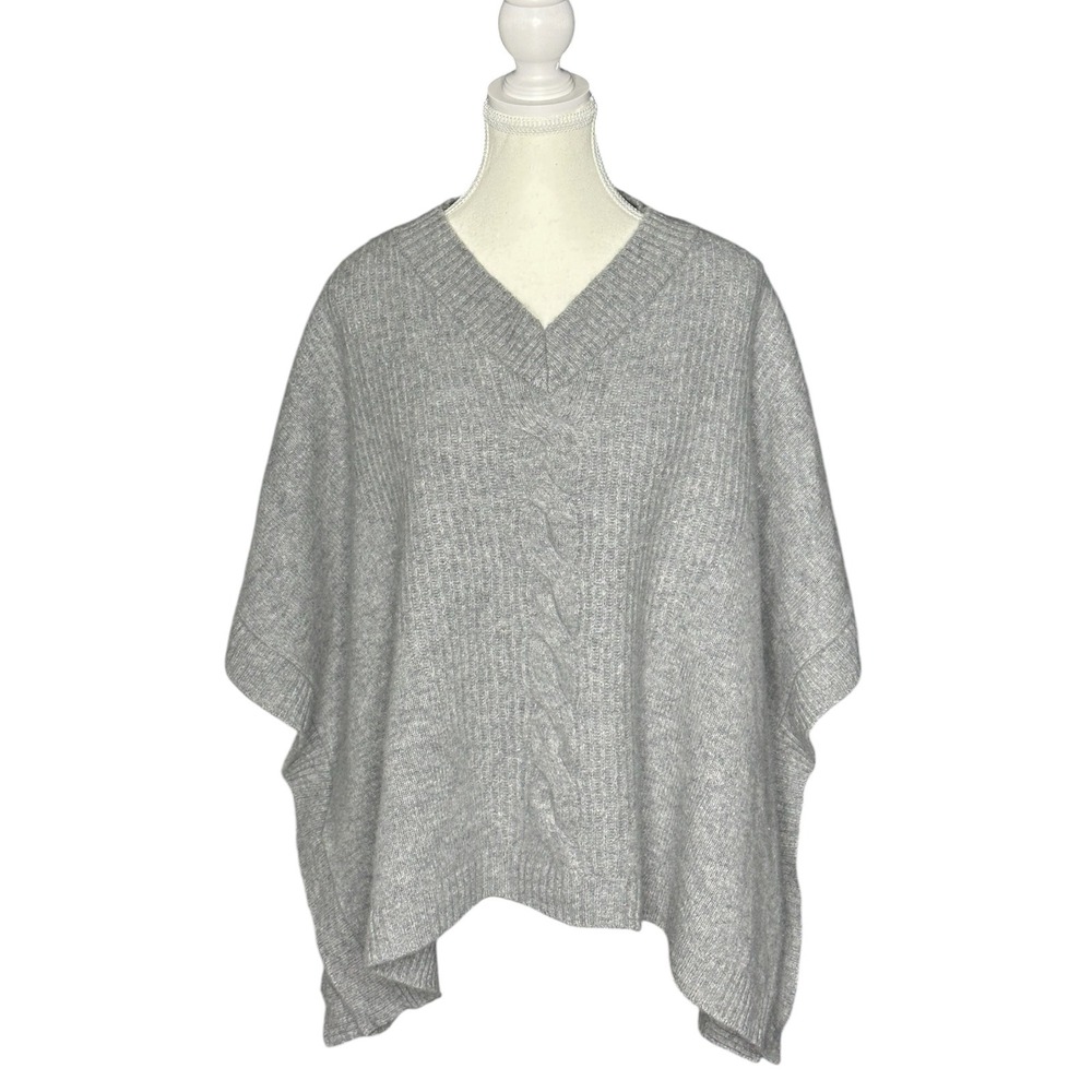 Nordstrom Women Wool Cashmere Cable Knit Poncho Sweater Gray V-Neck One Size